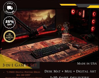 Epic Warrior Gaming Desk Mat, Mug, Digital Art Bundle (D&D Style), Keyboard Mat / Gamer Gifts, Ceramic Mug, Gaming Accessories