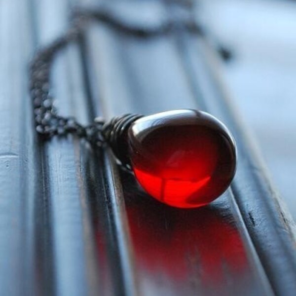 Scarlet Necklace-- Scarlet Glass Teardrop Wire Wrapped in Oxidized Sterling Silver Wire and Chain