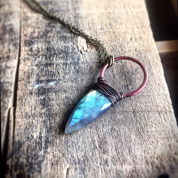 Labradorite Pendant, Natural Gemstone Necklace, Triangle Necklace, Tribal Arrowhead Necklace, Dagger Tooth Pendant Point Jewelry