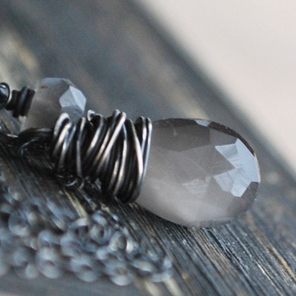 AA Grade Gray Moonstone Briolettes on Oxidized Sterling Silver - Lunar Storm Necklace