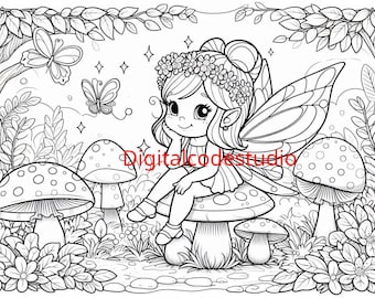 Ausmalbuch: Feen sitzen auf dem Pilz