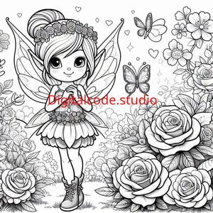 Puede incluir: Ilustración en blanco y negro de un hada con grandes alas, una corona de flores y una falda en capas. Mariposas y rosas rodean al hada. El texto "Digitalcode.studio" es visible.