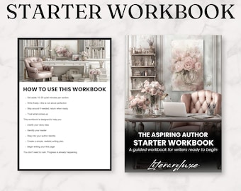 May include: Two workbooks, one black and one white, with the text "STARTER WORKBOOK". The white workbook has the text "HOW TO USE THIS WORKBOOK". The black workbook has the text "THE ASPIRING AUTHOR STARTER WORKBOOK". Both workbooks are designed for writers.