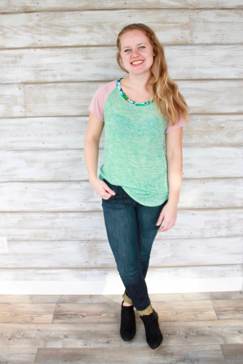 Womens Tshirts, Mint Green and Pink, Floral Print Neckband, Spring Tops