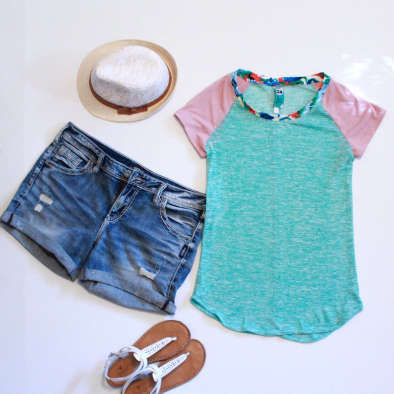 Womens Tshirts, Mint Green and Pink, Floral Print Neckband, Spring Tops