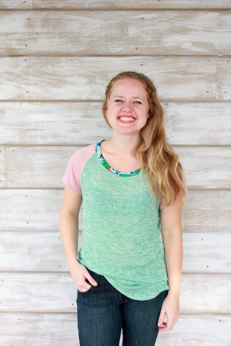 Womens Tshirts, Mint Green and Pink, Floral Print Neckband, Spring Tops