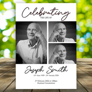 May include: A memorial card featuring a black and white photo collage of a man, with the text "Celebrating the Life of" at the top. The card includes the name "Joseph Smith", dates of birth and death, and the memorial service details.