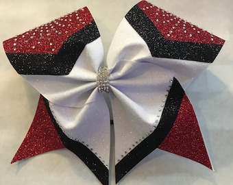 3" Texas Size Cheer bow glitter base -  personalized trim  ends -  squad discounts navy white silver