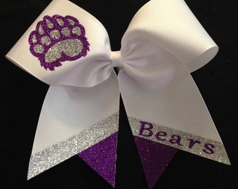 3" Texas Size Cheer bow -  personalized trim  ends -  squad discounts red silver white