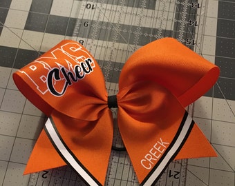 3" Texas Size Cheer bow -  CHEER and  school letters -  squad discounts orange black white