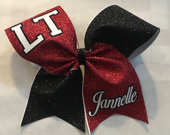 3" Texas Size Cheer bow glitter base -  personalized trim  ends -  squad discounts navy white silver