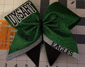 3" Texas Size Cheer bow glitter base -  personalized trim  ends -  squad discounts navy white silver
