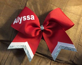 Personalized 3&quot; Texas Size Cheer bow - single layer - trimed ends -  squad discounts red silver white