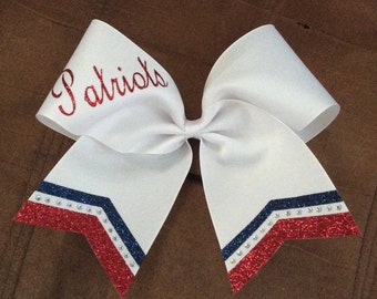 Personalized 3" Texas Size Cheer bow - single layer - trimed ends -  rhinestones-squad discounts red silver white