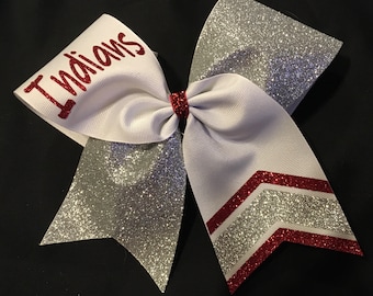 Mascot Glitter flip cheer bow red white silver indians