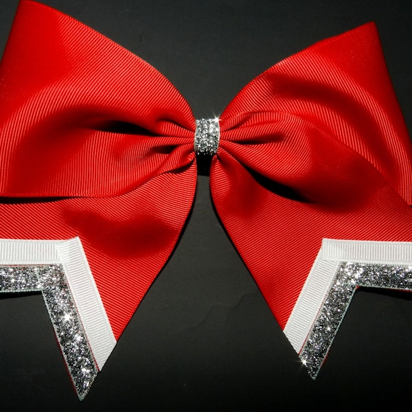 3" Texas Size Cheer bow - single layer - trimed ends -  squad discounts red silver white