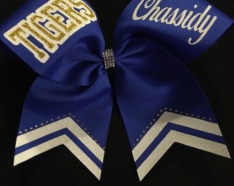 Personalized 3" Texas Size Cheer bow - single layer - trimed ends -  rhinestones double tail trim