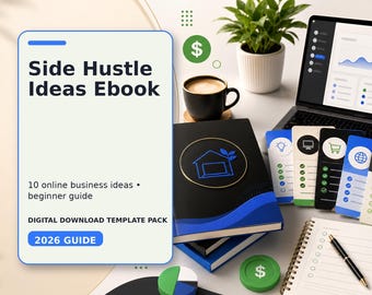 May include: A digital product display featuring a white rectangular card with the text Side Hustle Ideas Ebook, 10 online business ideas, beginner guide, and 2026 GUIDE. The card is positioned next to a black notebook, a laptop, and a pen.