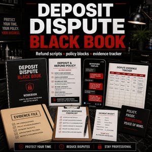 May include: A collection of business resources titled Deposit Dispute Black Book, including a spiral-bound workbook, a refund policy sheet, a smartphone displaying a DM response template, an evidence tracker, a checklist, and a payment receipt.