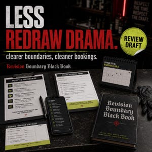 Könnte beinhalten: Ein geschäftliches Organisationsset mit dem Titel Revision Boundary Black Book, bestehend aus einem Richtliniendokument, einem Kundenfreigabeformular, einer Checkliste, einem Smartphone mit DM-Skript und einem Kalender mit dem Text Booked Solid.