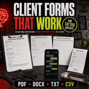 Op de afbeelding: Een set digitale en printbare zakelijke documenten voor tatoeëerders, waaronder een intake- en toestemmingsformulier, consultatienotities, een afspraken- en betalingsregister en een kwitantie. Een smartphone toont een sms-gesprek.