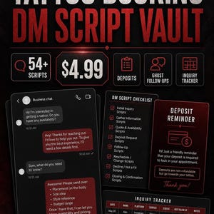 Puede incluir: Una descarga digital titulada Tattoo Booking DM Script Vault que incluye más de 54 guiones, un recordatorio de depósito y un rastreador de consultas. El gráfico muestra una interfaz de chat empresarial, una lista de verificación y una tabla.