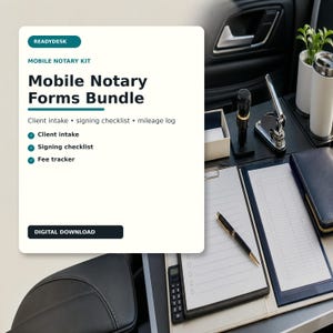 May include: A digital download mobile notary forms bundle by ReadyDesk featuring a client intake, signing checklist, and fee tracker. The white graphic overlay displays the text Mobile Notary Forms Bundle over a desk with a pen and notepad.