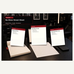 No-Show Street Sheet, Tattoo Artist Deposit Policy Templates, Booking Scripts, Client Boundary Forms