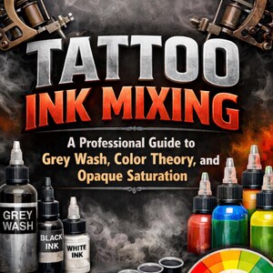 Puede incluir: Una portada de libro con el título "TATTOO INK MIXING" en letras grandes y en negrita. La portada presenta botellas de tinta para tatuajes, vasos mezcladores y una rueda de colores. También se ve el texto "A Professional Guide to Grey Wash, Color Theory, and Opaque Saturation".