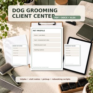 Dog Grooming Client Intake Forms, Pet Profile Template, Groom Visit Notes, Pickup Rebooking Tracker, Groomer Scripts