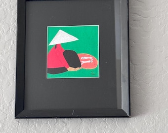 Dipinto originale firmato da Ta Thi Thanh Tam / Arte popolare vietnamita / Quadro contemporaneo incorniciato / Donna con pesce / Opera unica
