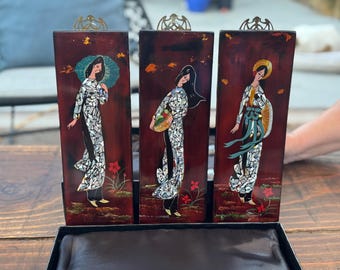 Dipinto vintage vietnamita in lacca con intarsi in madreperla, raffigurante donne Ao Dai, pannello in lacca nera realizzato a mano, decorazione asiatica.