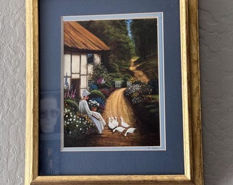 Stampa artistica firmata da Robert L. Foster "Goose Cottage" / 1993, incorniciata, con scena di un cottage Amish, decorazione murale vintage