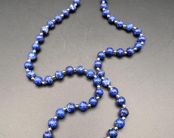 Collana vintage con perline di sodalite, perline distanziatrici color oro, collana con gemma blu da 24 pollici, stile boho