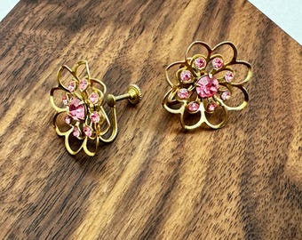 Orecchini vintage con strass rosa e chiusura a vite, orecchini a fiore in filigrana color oro, stile Coro Craft, gioielli di metà secolo, regalo per lei