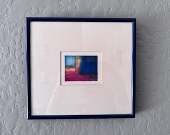 Disegno astratto originale firmato, pastello, incorniciato, opera d'arte a colori, vintage e moderna.