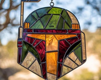 Bounty Hunter Helmet Suncatcher, Galactic Armor Faux Stained Glass Window Art