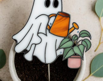 Ghost Plant Stake REAL Stained Glass Plant Marker, Spooky Garden Decor, Halloween Houseplant Gift Halloween Decor
