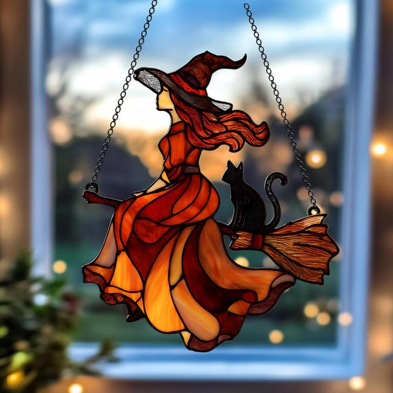 Stained Glass Flying Witch Suncatcher, Halloween Window Hanging