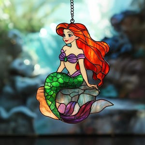 Mermaid Princess Acrylic Suncatcher – Ariel-Inspired Faux Stained Glass – Gift for Girls Bedroom or Birthday