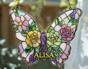 Pastell Schmetterling Faux Glasmalerei Suncatcher, Acryl Blumen Fensterschmuck, Natur inspirierte Dekor Geschenk Geburtstagsgeschenk