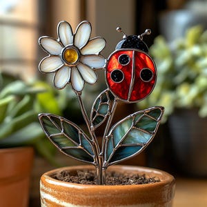 Ladybug REAL Stained Glass Plant Stake - Daisy Flower Garden Marker, Handmade Plant Pot Decor Garden Decor