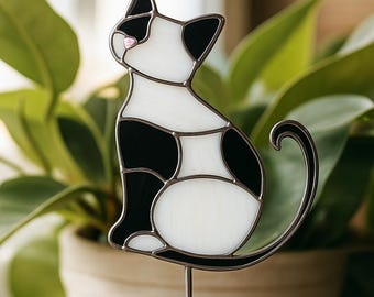 Estaca de jardín de vitral con diseño de gato personalizado: decoración de planta personalizada con diseño de gato, regalo para mamás gatas. Atrapasol de vitral con diseño de gato.