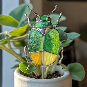 Real Stained Glass Beetle Plant Stake, Colorful Garden Insect Decor, Handmade Terrarium Gift Bug Plant Pot