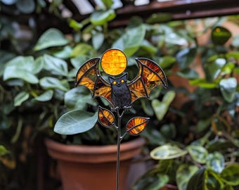 Real Stained Glass Bat Plant Stake, Moon Garden Ornament, Halloween Gothic Plant Decor Gift ,Garden Decor Bat and Moon Handmade Plant Marker