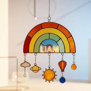 Levendige regenboog nep glas-in-lood raam hangend, hemels boho decor, zon wolk planeet heteluchtballon charme kunst cadeau