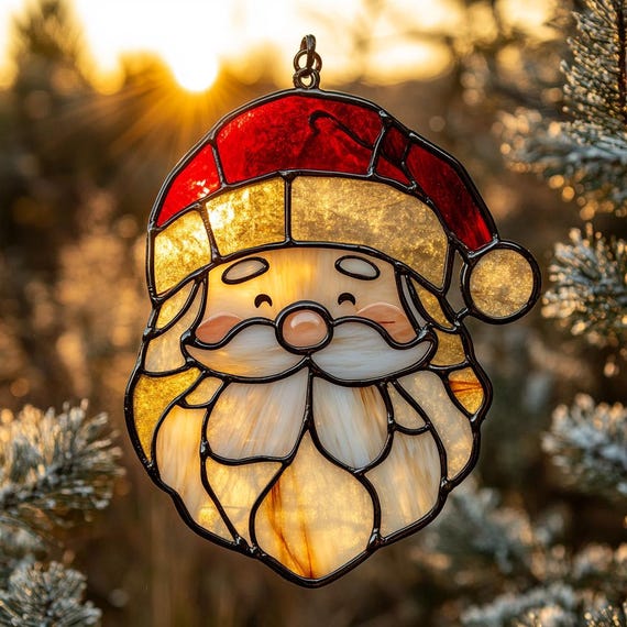 Stained Glass Santa Claus Ornament | Traditional Xmas Suncatcher | Vintage Santa Face Decor | Classic Christmas Tree Hanging