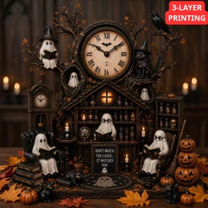 May include: A decorative Halloween clock display featuring a central clock face with Roman numerals, surrounded by tree branches, ghosts in hats, black cats, and a miniature library. Text reads: DON'T WATCH THE CLOCK... IT WATCHES YOU. 3-LAYER PRINTING.