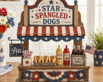 Patriotic Wooden Hot Dog Stand Decor – Americana Kitchen Display, Red White Blue Food Stall