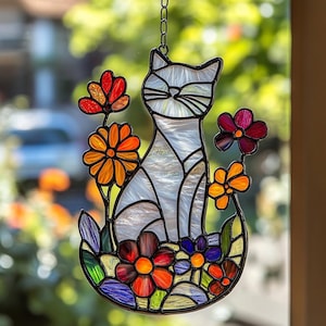 Atrapasueños de vitral con diseño floral de gato personalizado, regalo para amantes de los gatos, decoración de maceta con diseño de gato.